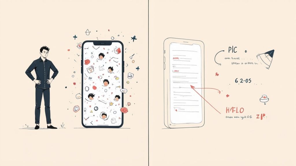 Side-by-side comparison of a cluttered, confusing app UI next to a clean, well-organized mobile app UI design, highlighting the principles of clarity and hierarchy.