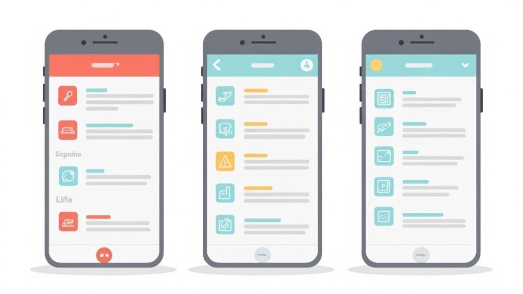A set of vibrant, colorful mobile app screenshots arranged in a visually appealing layout.