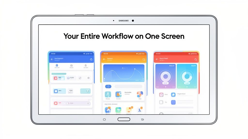 A white Samsung tablet displaying three colorful application screens side-by-side for a comprehensive workflow.