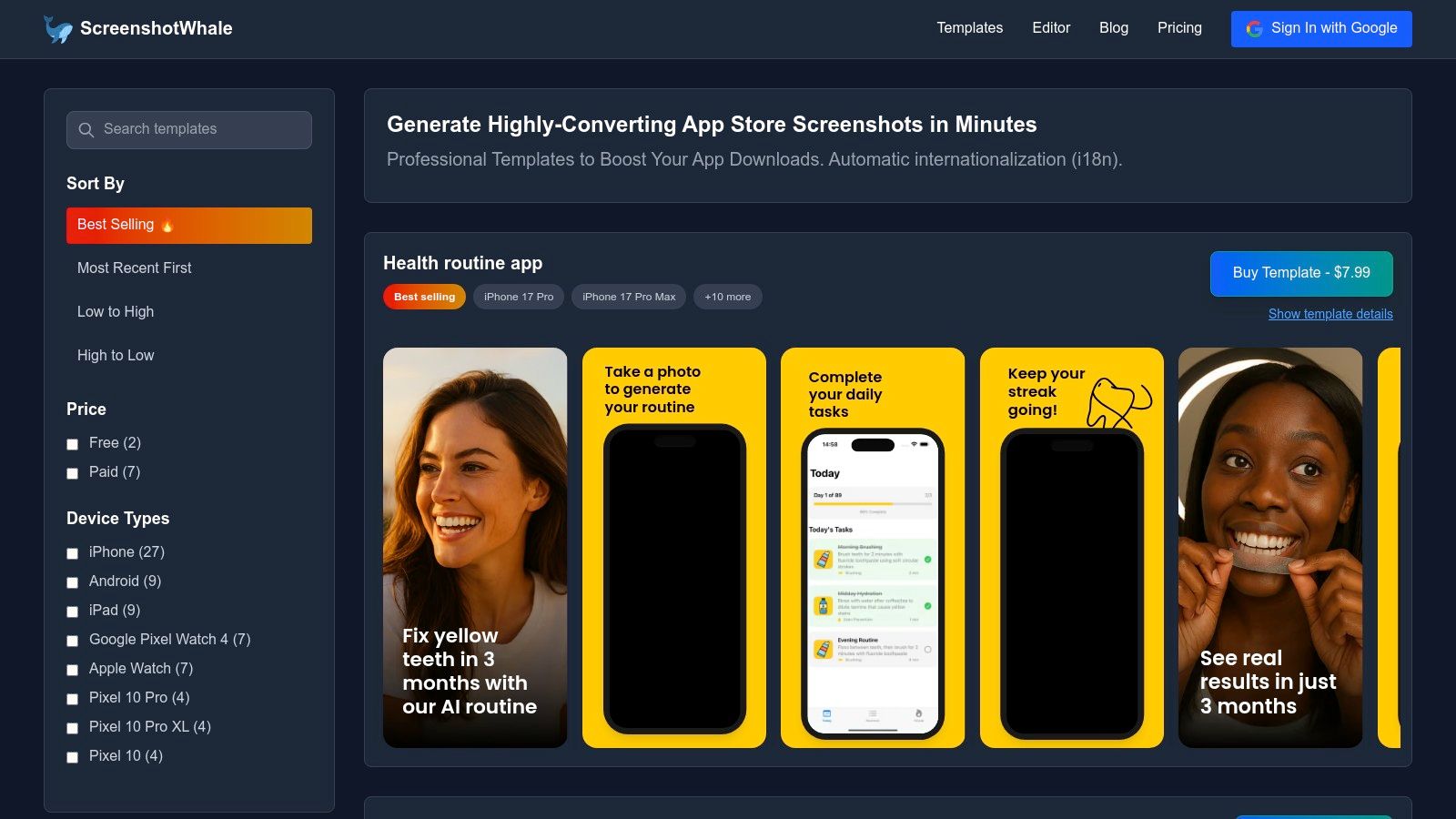 A collage of iPhone app screenshot templates from ScreenshotWhale, showcasing various designs for different app categories like fitness, social, and video.