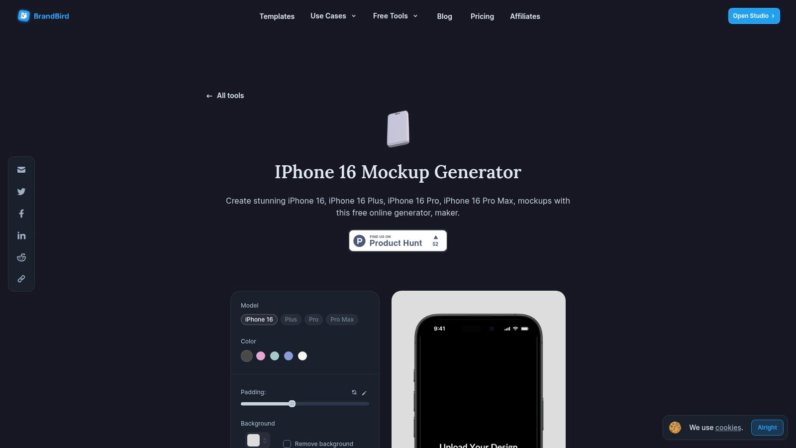 The BrandBird online iPhone 16 mockup generator webpage, showing a screenshot being placed inside a device frame.