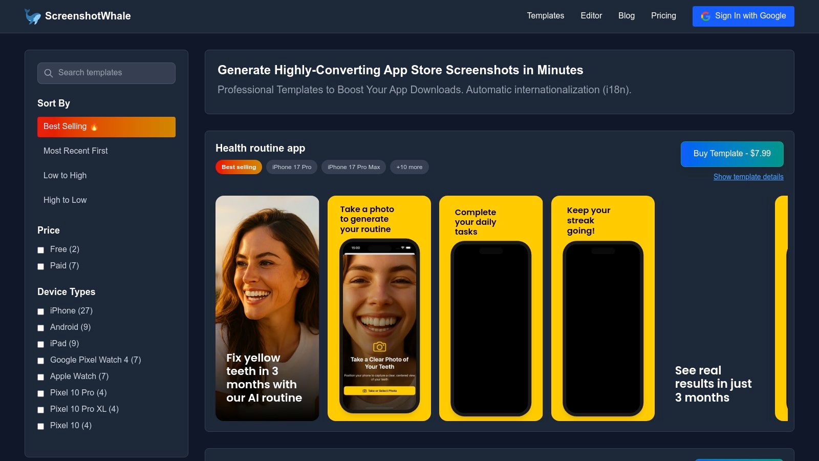 A collage of app store screenshot templates from ScreenshotWhale, showing different styles for various app categories like social media, productivity, and fitness.