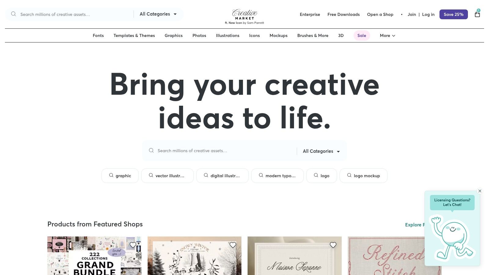 The Creative Market homepage showcasing a variety of design assets, including fonts, graphics, and templates available for purchase.