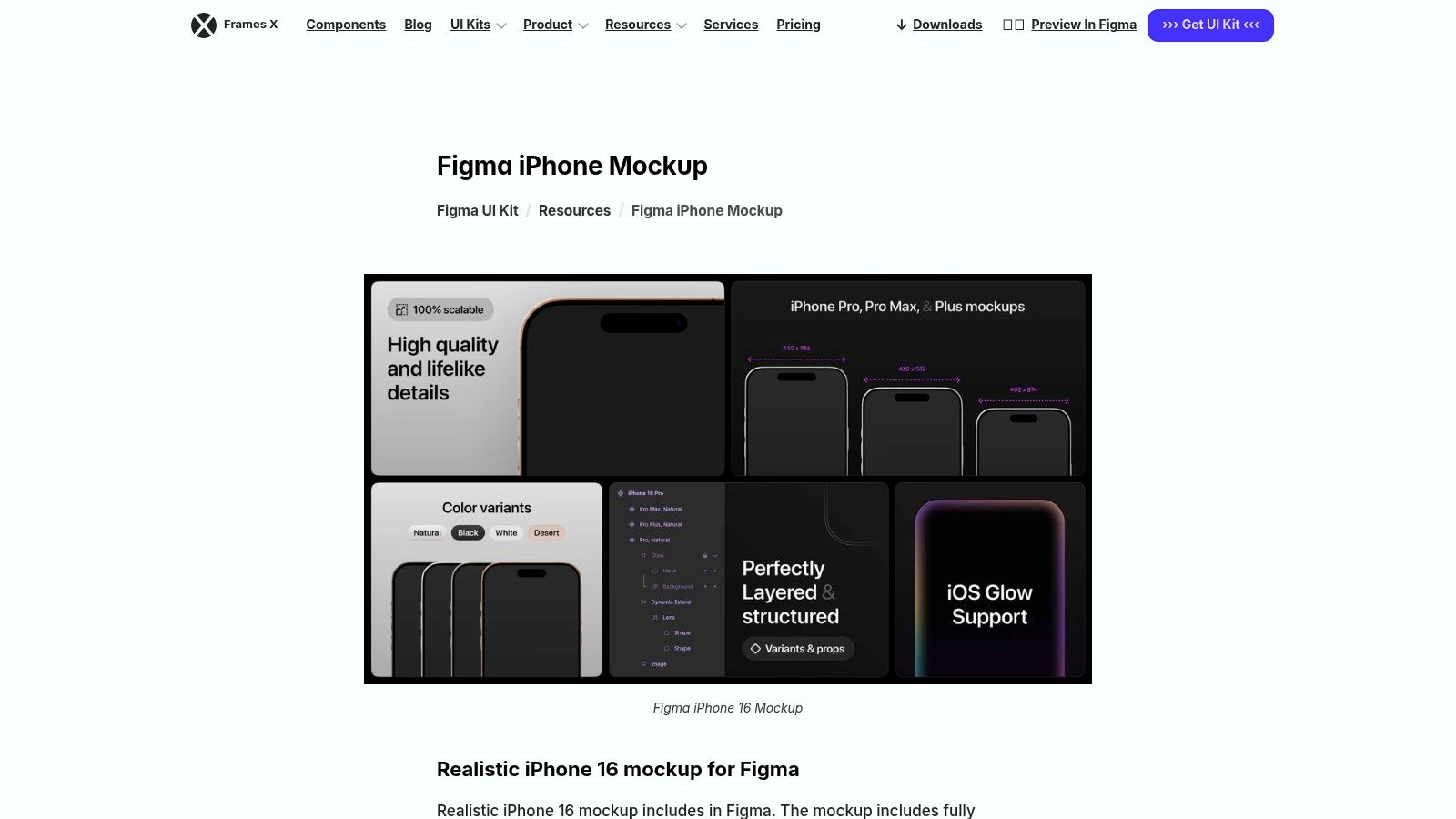 A detailed view of an iPhone 16 mockup from Frames X, showcasing its vector components in Figma.