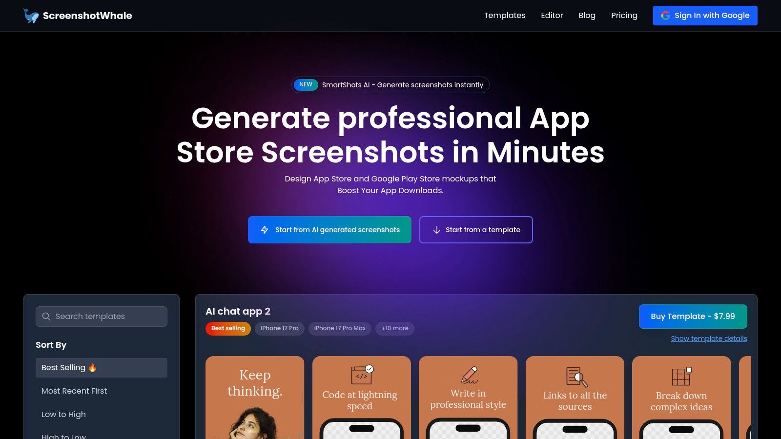 An example of ScreenshotWhale's editor showing an iPad mockup being customized with text, background colors, and app screenshots.