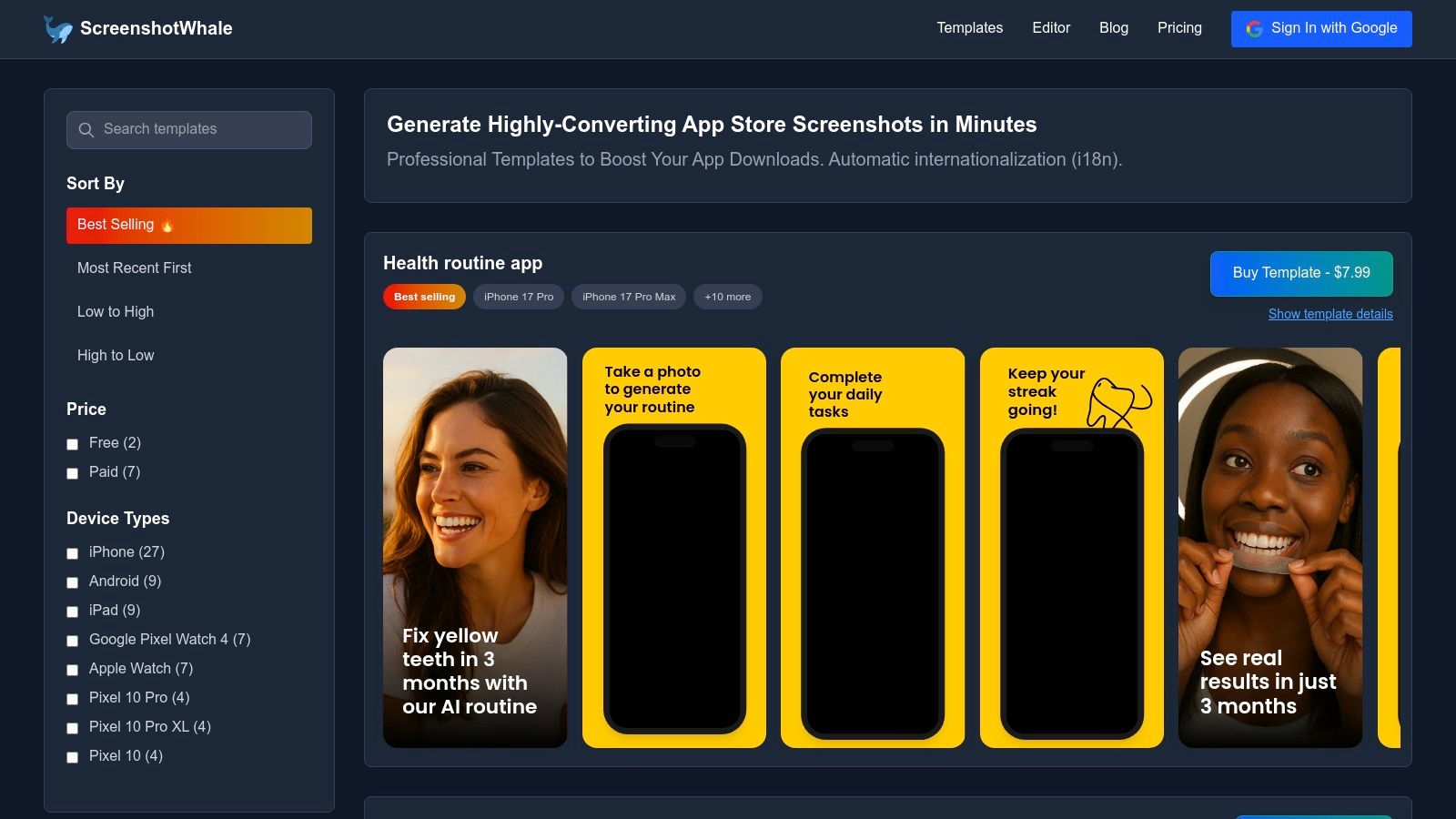 A collection of iPhone 16 mockup templates from ScreenshotWhale, showcasing various app screenshot designs for different categories like finance, wellness, and social media.