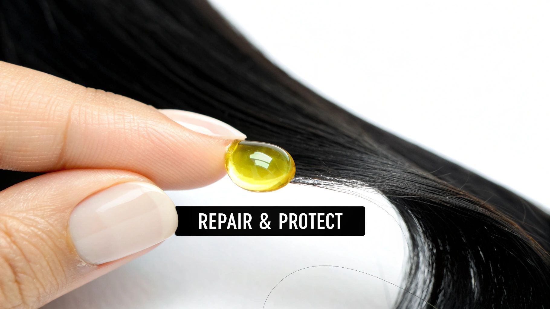 A hand holds a golden oil capsule on dark, smooth hair with 'REPAIR & PROTECT' text.