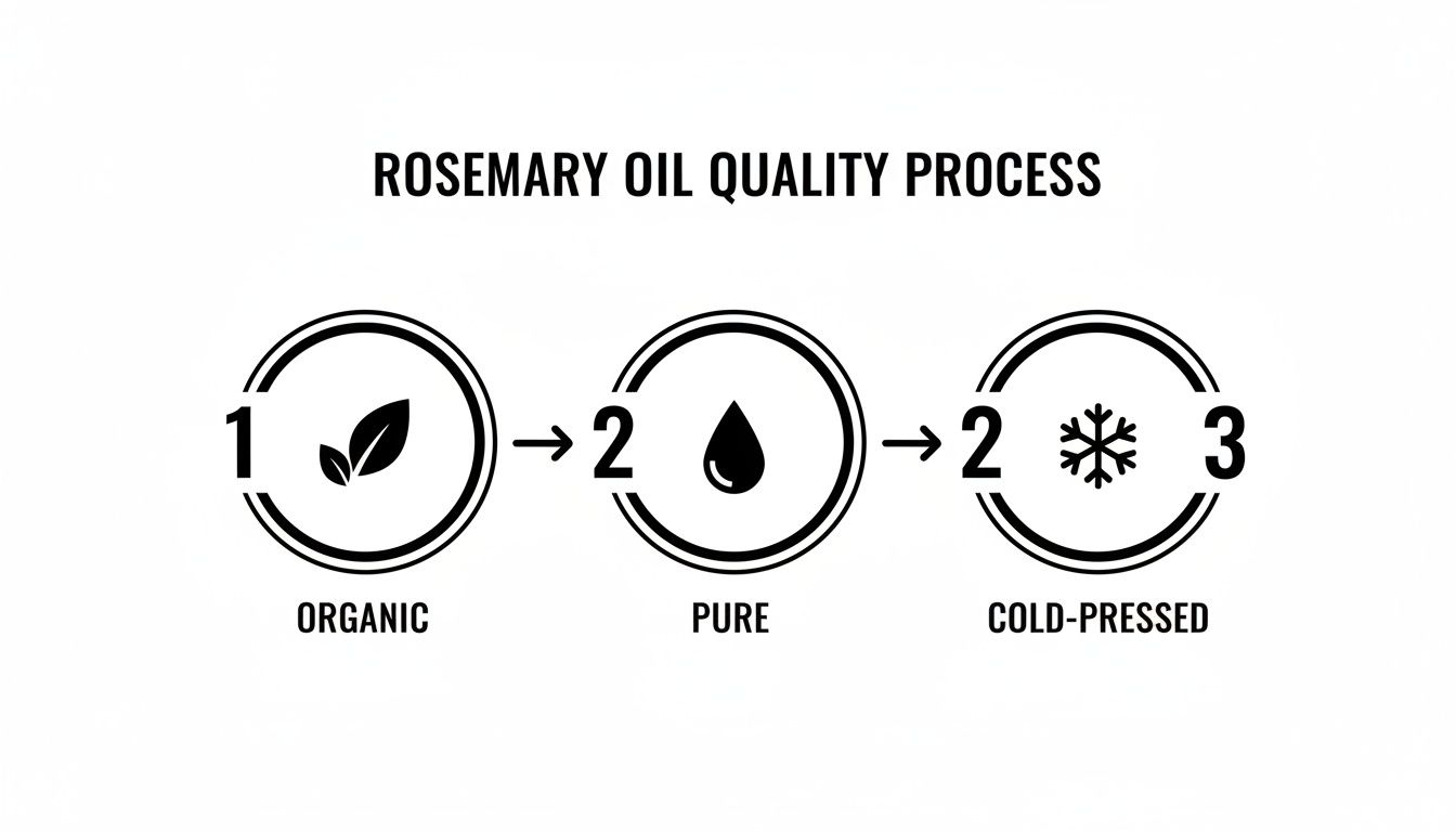 Infographic illustrating the three-step quality process for rosemary oil: organic, pure, and cold-pressed.