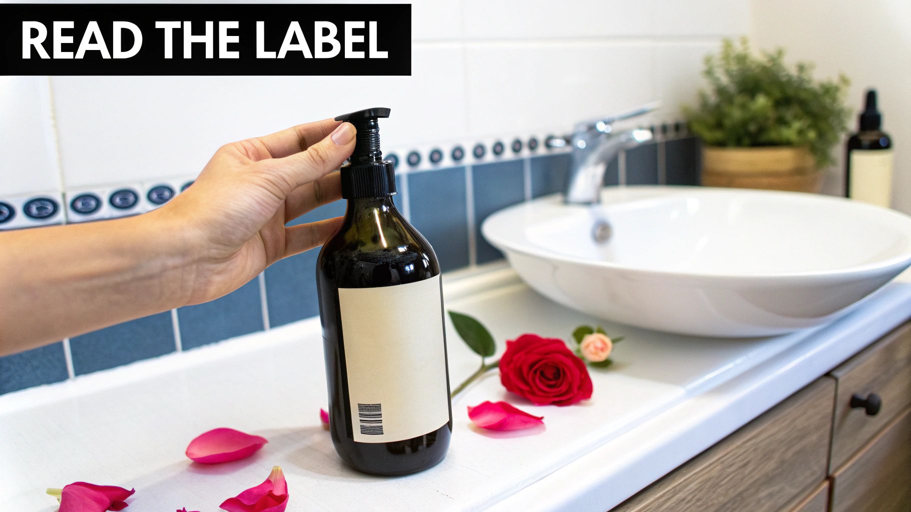 A hand holds a dark pump bottle on a bathroom counter with a red rose and petals.
