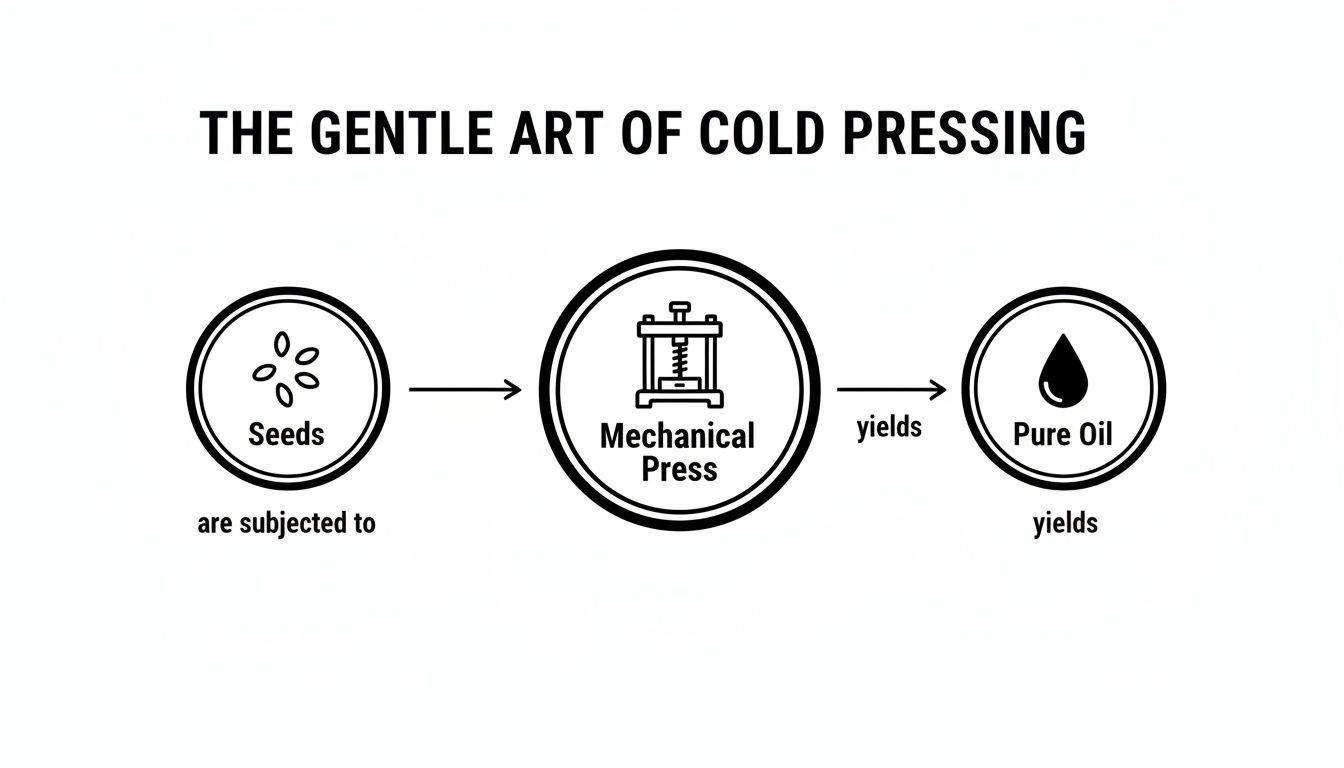 Diagram illustrating the cold pressing process where seeds are subjected to a mechanical press to yield pure oil.