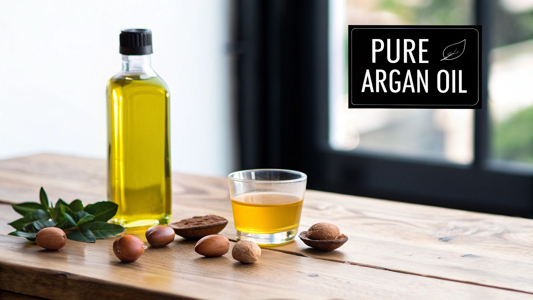 A bottle and glass of pure argan oil, with argan nuts and leaves on a wooden table.