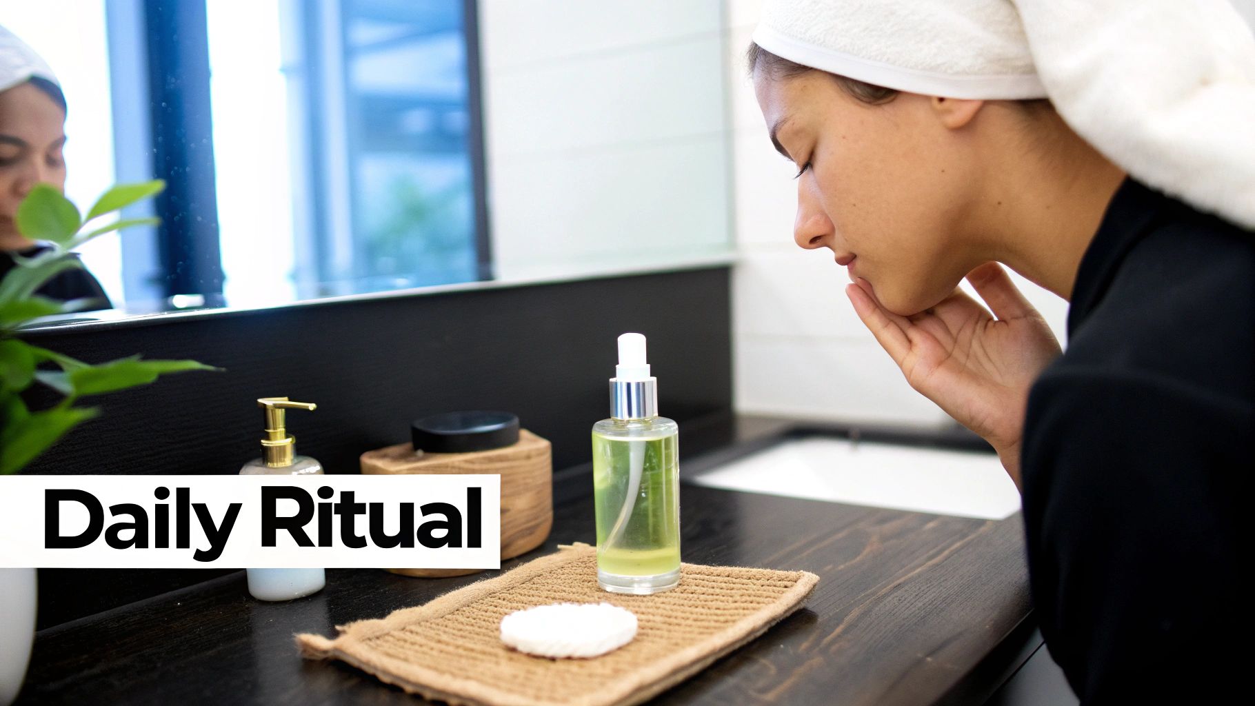 A woman with a towel on her head gently touches her face, surrounded by skincare products.