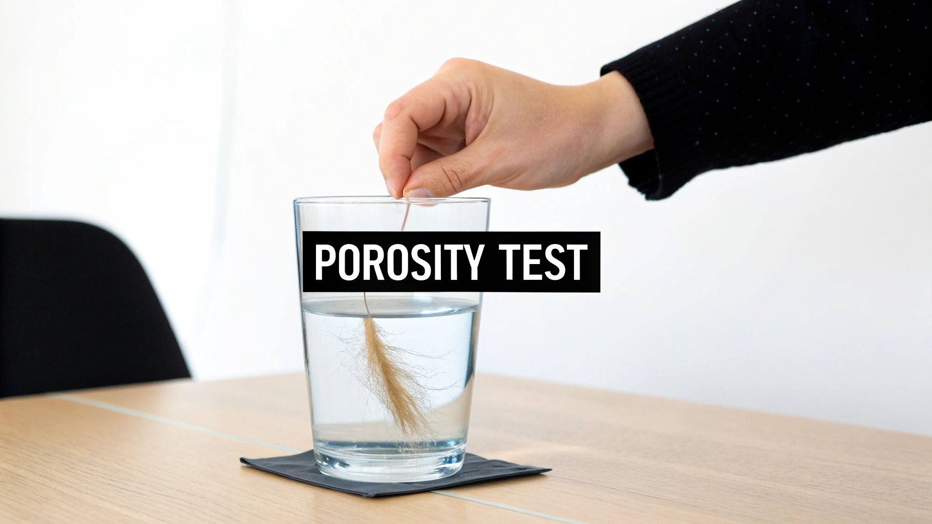 A hand dips a strand of hair into a glass of water to perform a porosity test.