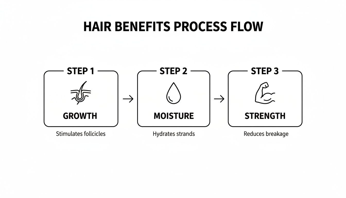 A three-step hair benefits process flow chart showing growth, moisture, and strength for healthy hair.
