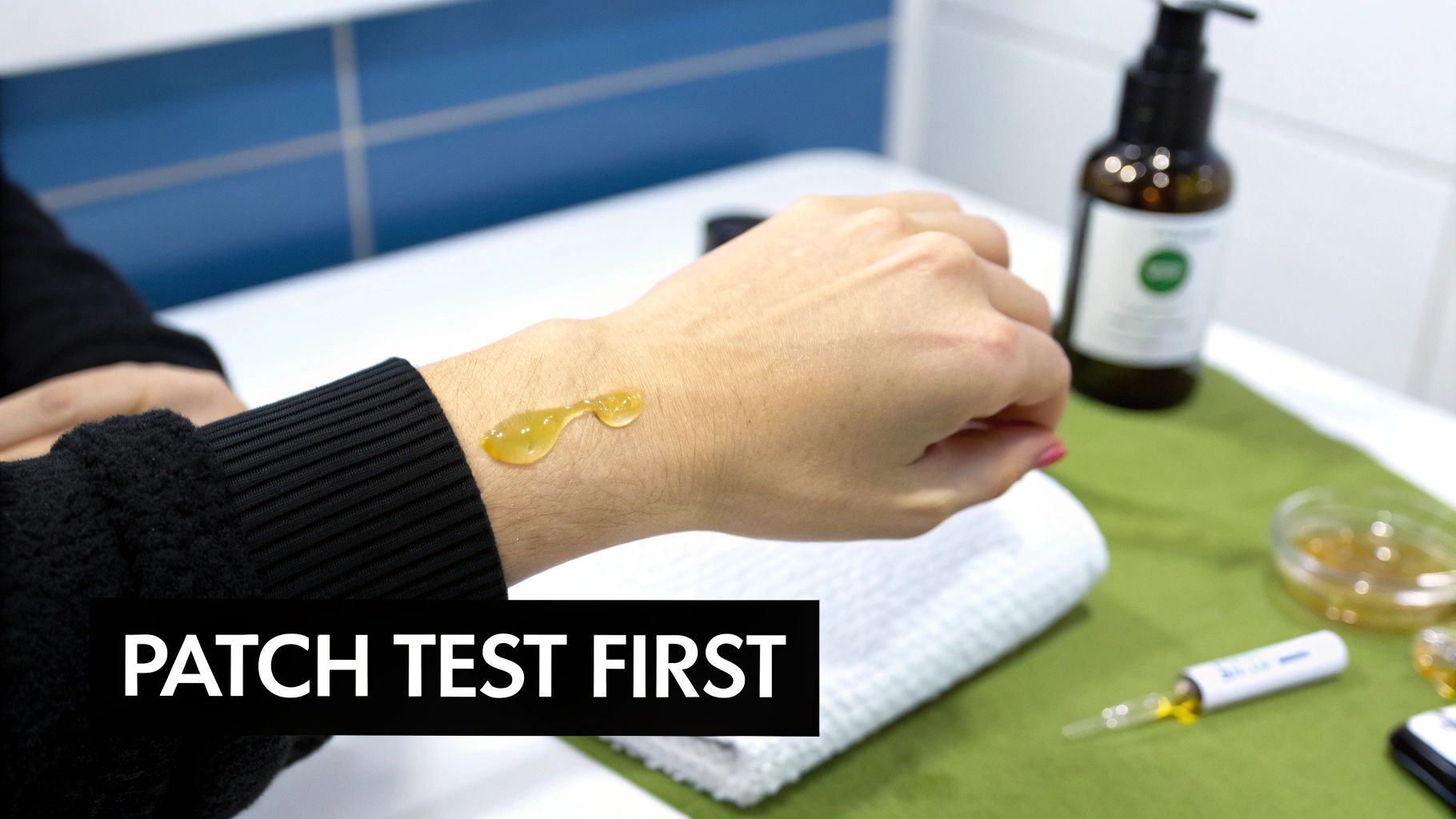 A person applies a yellow serum to their arm for a patch test, surrounded by skincare products.