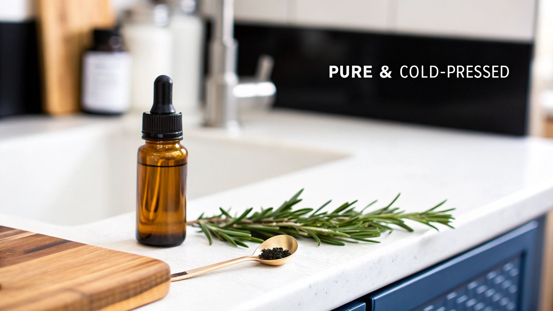 Amber dropper bottle, rosemary sprig, and golden spoon with natural ingredients on a white counter.