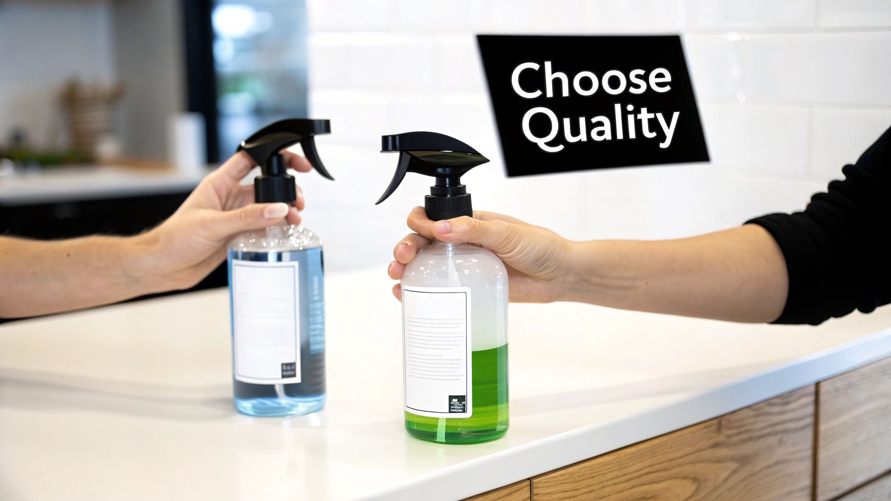 Two hands holding blue and green cleaning spray bottles on a white countertop with a "Choose Quality" sign.