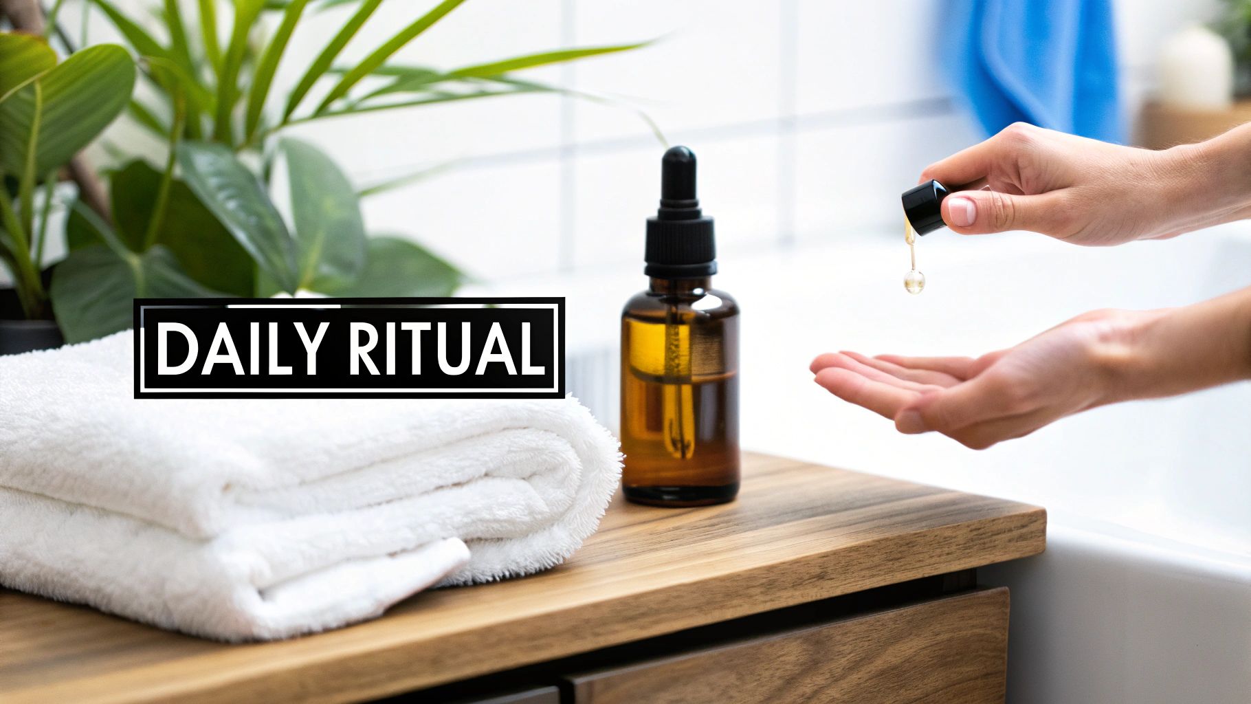 A daily self-care ritual: hands dispensing natural oil from a dropper bottle next to fresh white towels.