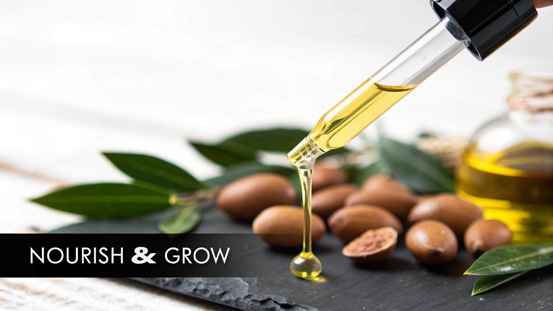 A dropper dispensing golden argan oil onto argan nuts and green leaves on a dark surface.