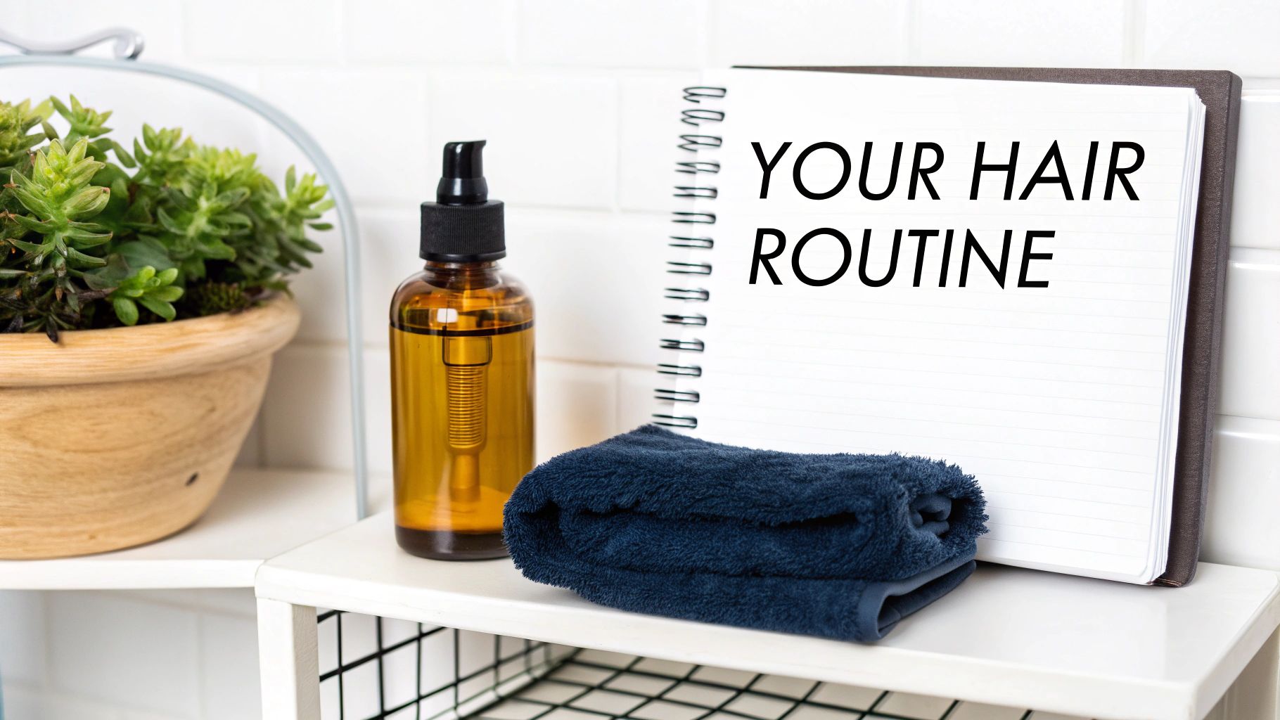 Hair oil bottle, blue towel, and notebook with 'YOUR HAIR ROUTINE' on a white shelf.