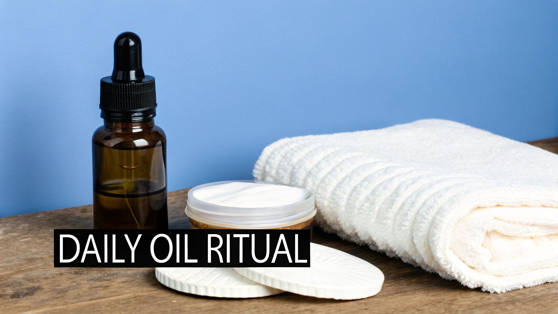 A brown dropper bottle, cream jar, cotton pads, and white towel for a daily oil ritual.