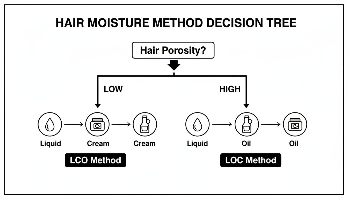 Decision tree explaining hair moisture methods: LCO for low porosity, LOC for high porosity.
