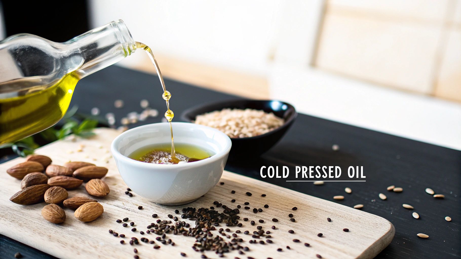 Golden oil pouring from a bottle into a white bowl, surrounded by almonds and seeds.