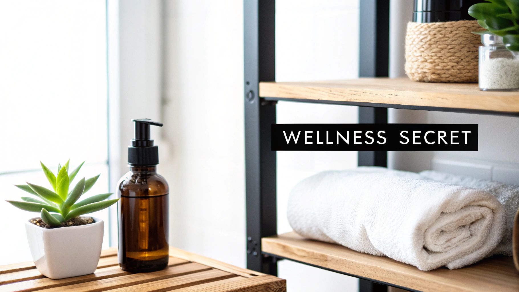 Wellness setup with a green succulent, amber pump bottle, and rolled white towels on a wooden shelf.