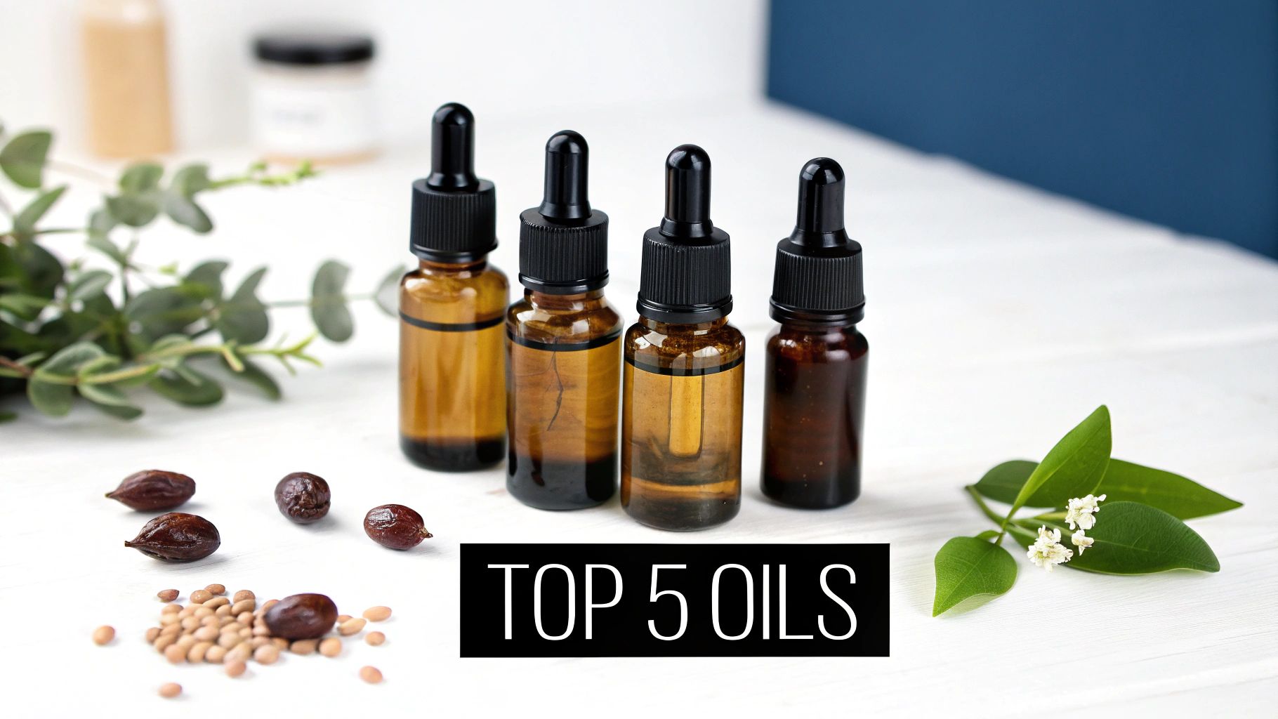 Four amber dropper bottles with plant leaves and seeds, representing natural oils for skincare.