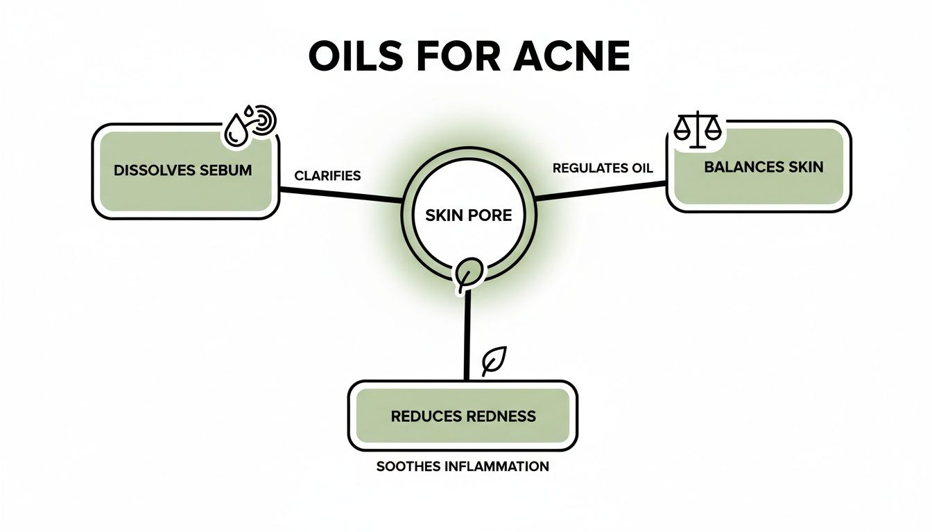 A diagram illustrating how oils for acne work by dissolving sebum, balancing skin, and reducing redness.