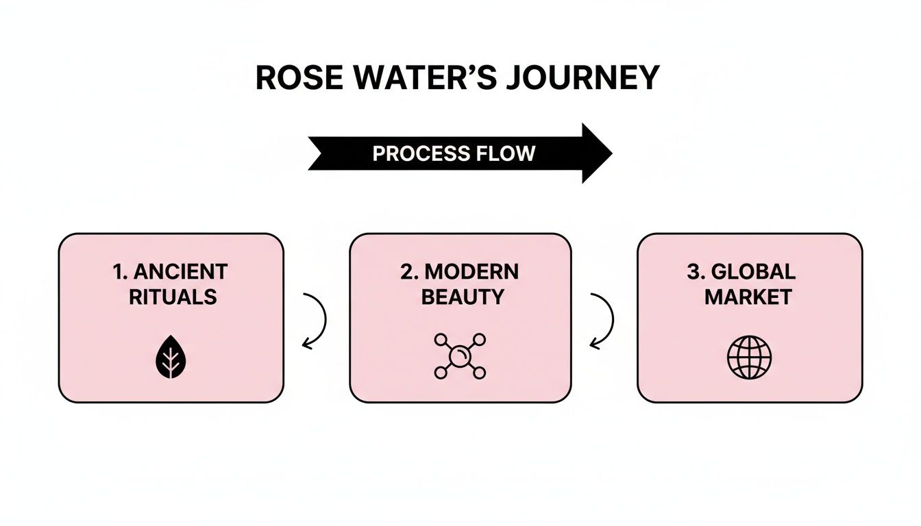 A process flow diagram showing rose water's journey: ancient rituals, modern beauty, and global market.