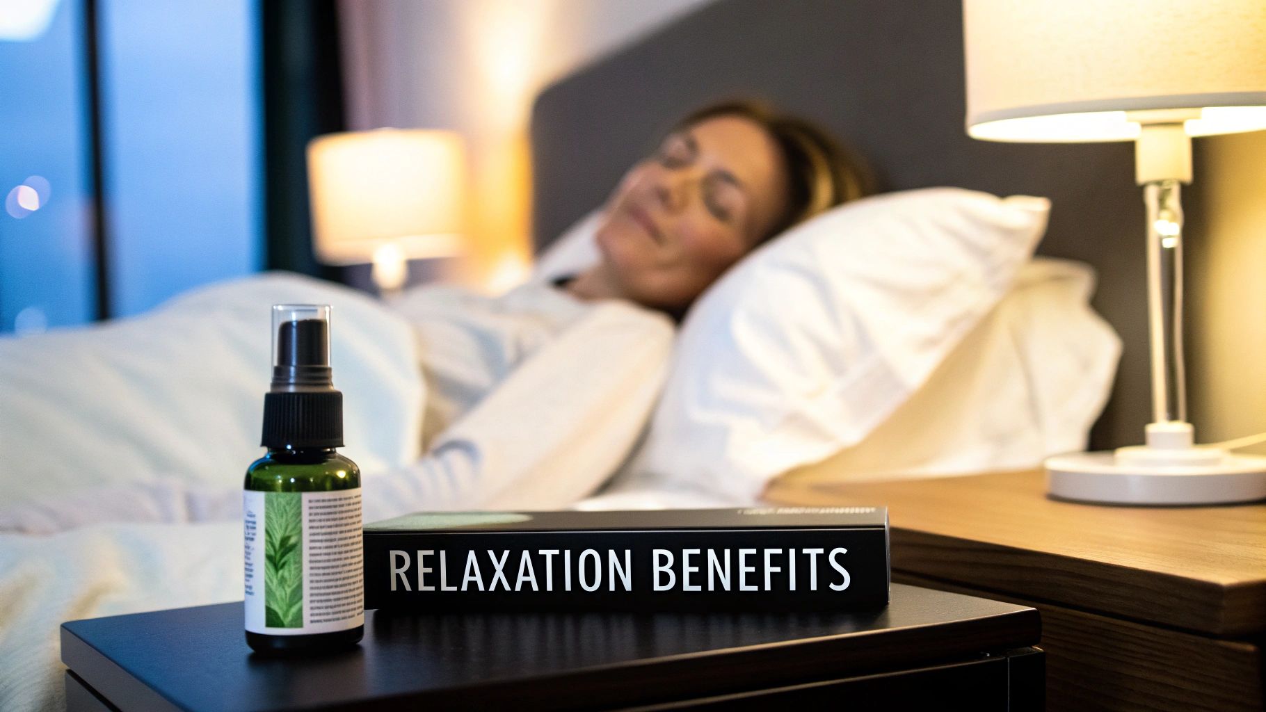 A sleeping woman in bed with a magnesium oil spray and a 'Relaxation Benefits' sign on the nightstand.