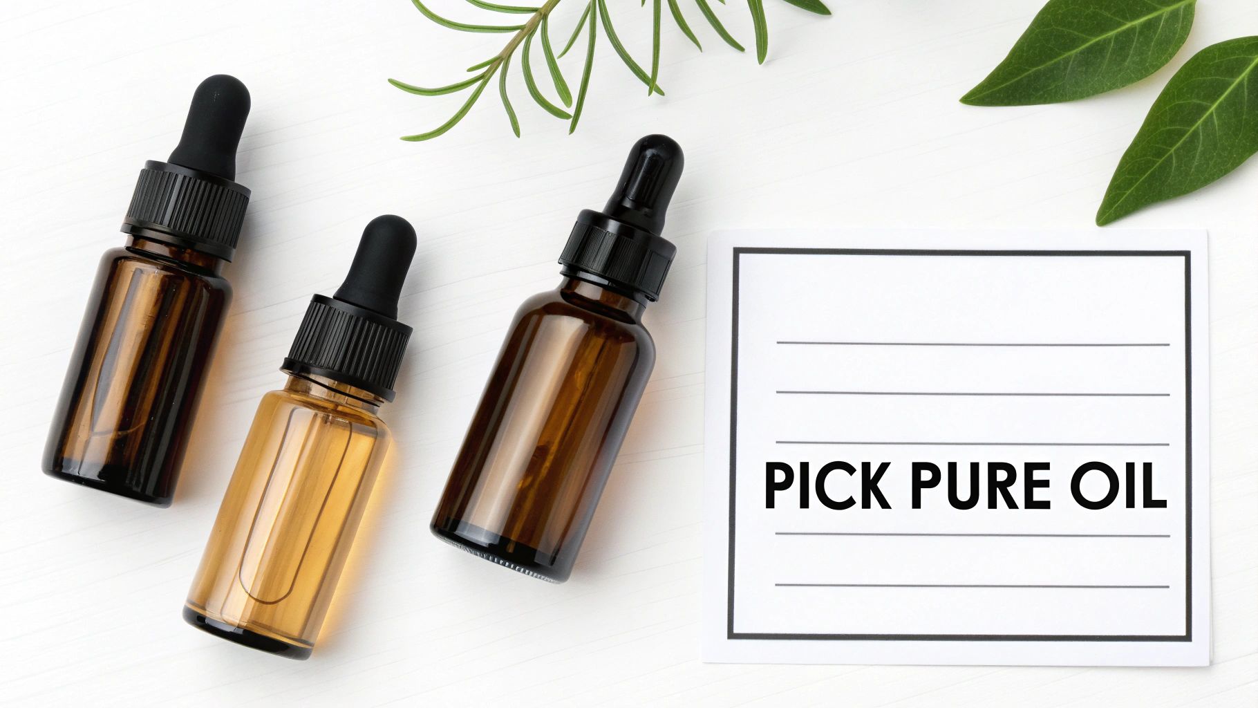 Overhead view of amber dropper bottles with essential oils, green leaves, and a 'PICK PURE OIL' sign.