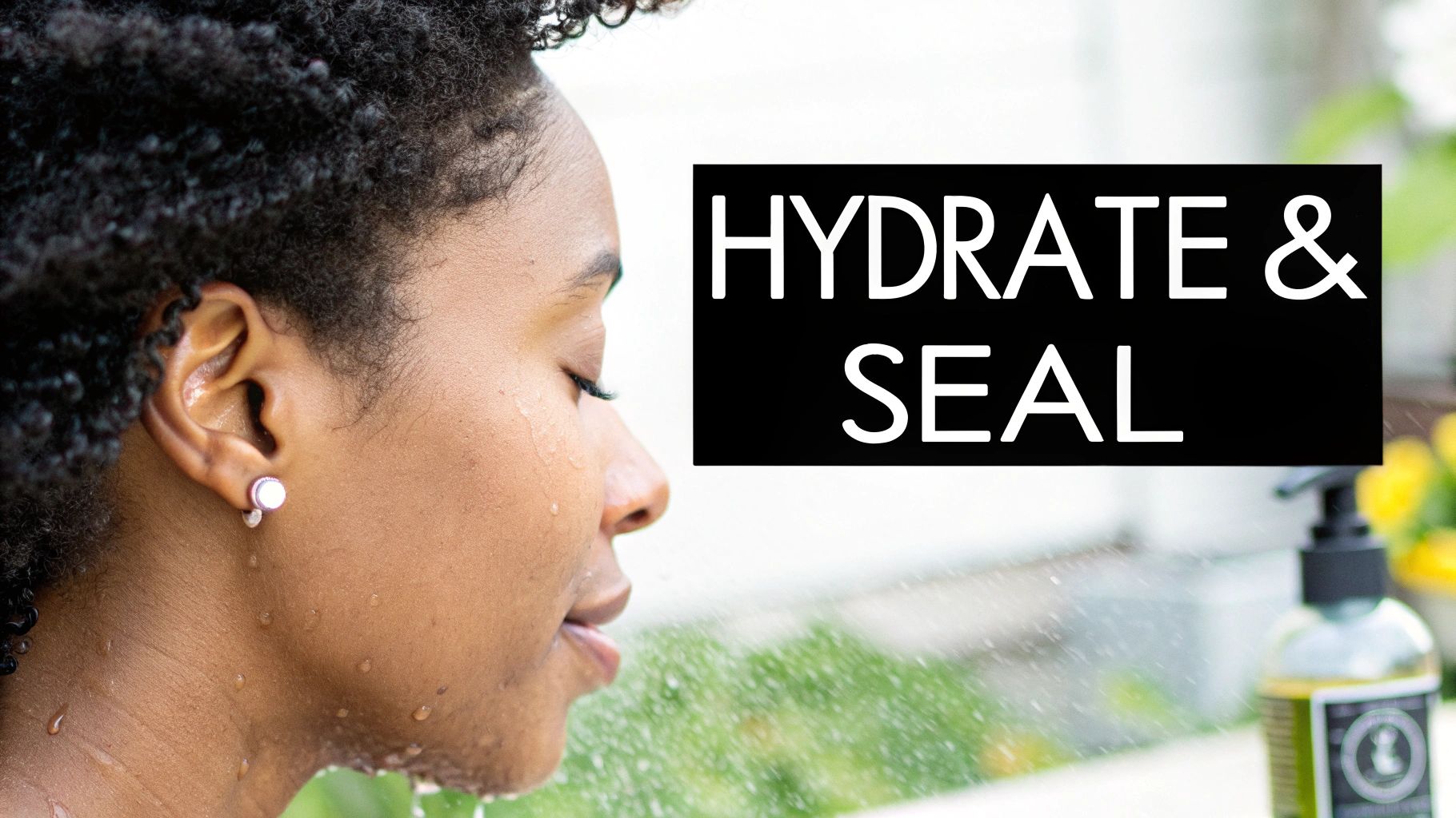 Profile of a person with curly hair, water drops on their face, beside 'HYDRATE & SEAL' text.