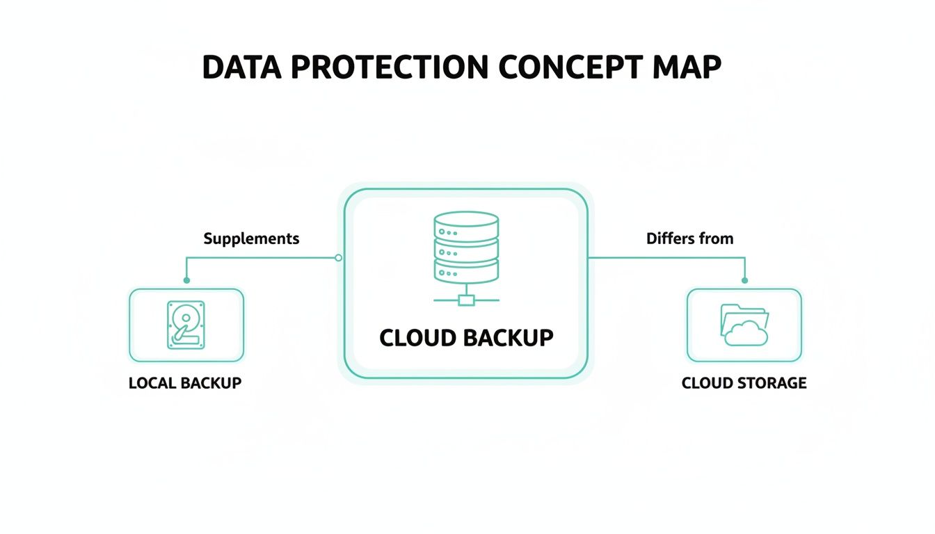 A Complete Guide to Cloud Backup for Australian Businesses 2 A data protection concept map illustrating cloud backup's relationship with local backup and cloud storage.