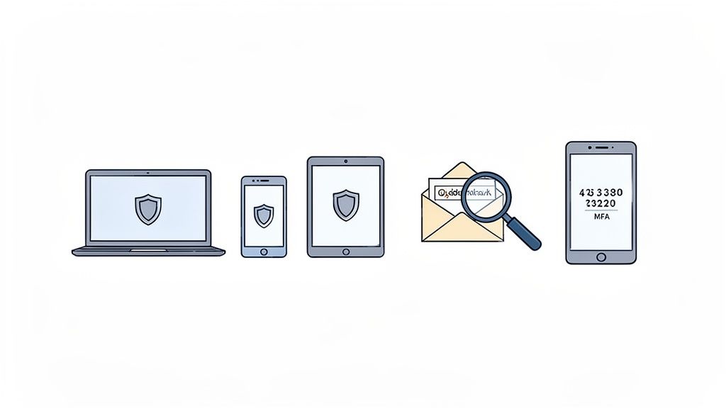 Network Security Small Business: A Practical Guide to Protecting Your Assets 3 Digital devices (laptop, smartphone, tablet) with security shields, an email with code, and a phone displaying mfa.