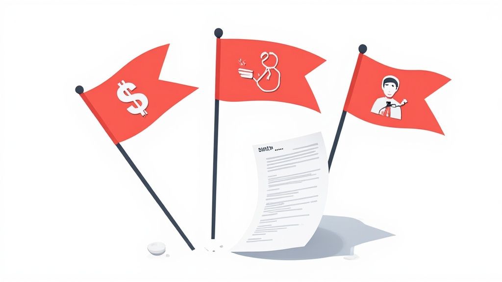 Three red flags representing financial, food, and personal freedom concerns, with a document below.