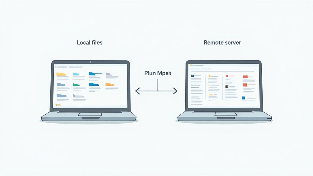 What Is FTP and How Does It Actually Work? 4 Illustration showing two laptops, one representing local files and the other a remote server, connected for file transfer.
