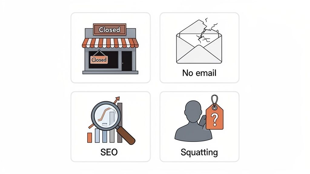 What to Do When Your Domain Name Expired 3 Four icons: a closed store, a broken email envelope, a magnifying glass over an seo chart, and a person with a 'squatting' tag.