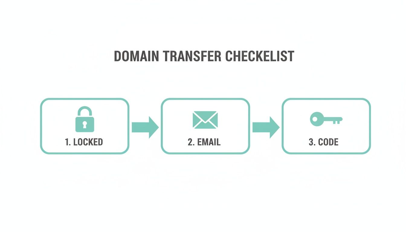 A Practical Guide to Domain Name Transfer 3 A domain transfer checklist showing three steps: locked status, email verification, and transfer code.