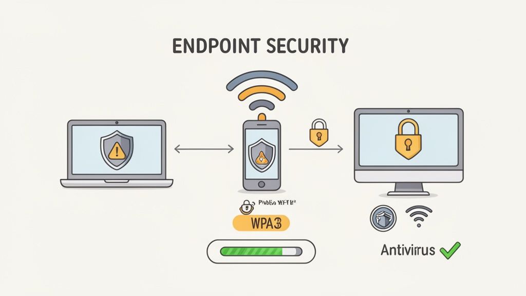 An illustration demonstrating endpoint security protocols across laptops, smartphones, and desktops, featuring wpa3 and antivirus protection.