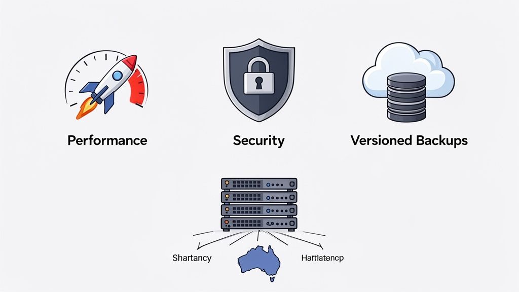 The Best Australian Hosting for WordPress A Definitive Guide 3 Icons for performance, security, and versioned backups, with servers connecting to australia, illustrating hosting features.