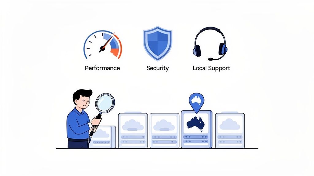 A person with a magnifying glass choosing web hosting with australian servers, focusing on performance, security, and local support.