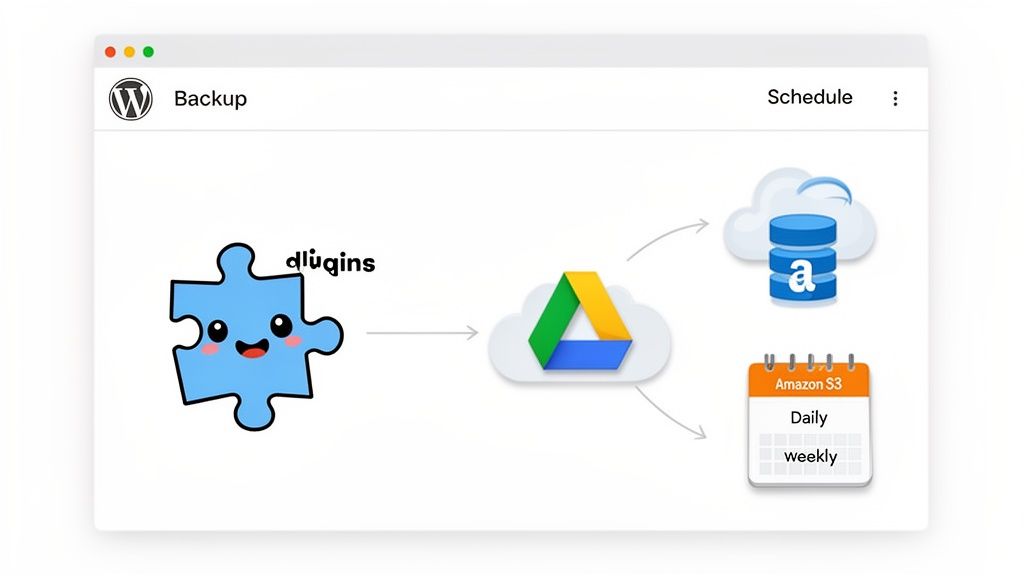 How to Backup WordPress Site A Practical Guide for Business Owners 11 Diagram of wordpress backup process showing plugins, google drive, amazon s3 cloud storage, and daily/weekly schedule.