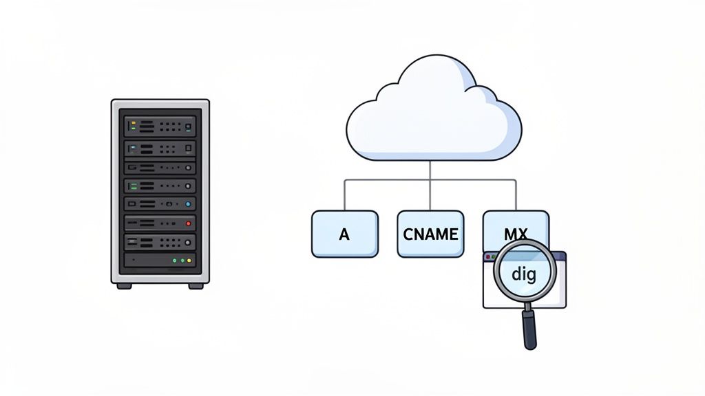 Illustration of a server, cloud service, and dns records (a, cname, mx) being queried by 'dig' tool.
