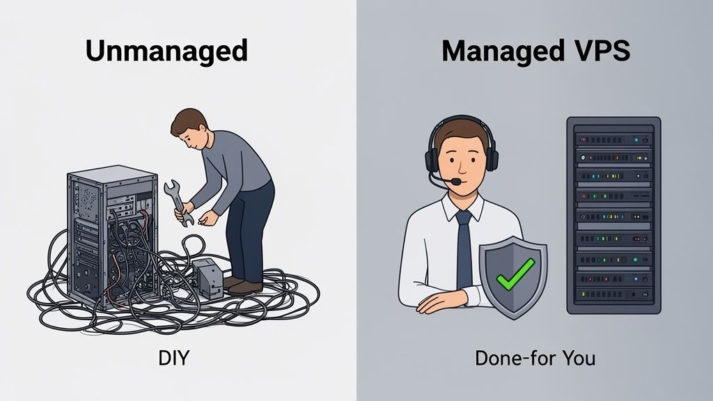 A comparison of an unmanaged, diy server setup with a managed virtual private server service.