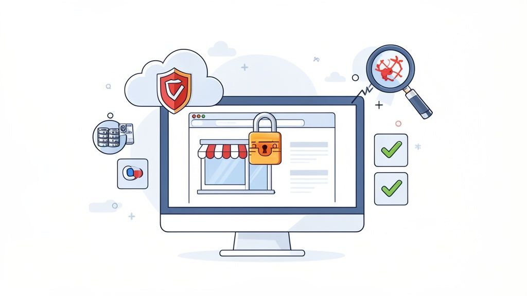 An illustration of robust network security protecting a small online business from threats and viruses.