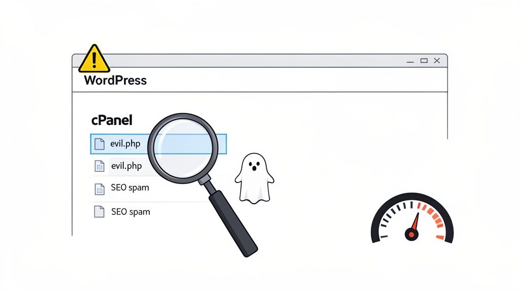 Magnifying glass examining 'evil. Php' and 'seo spam' files in wordpress cpanel, with a warning and slow performance.