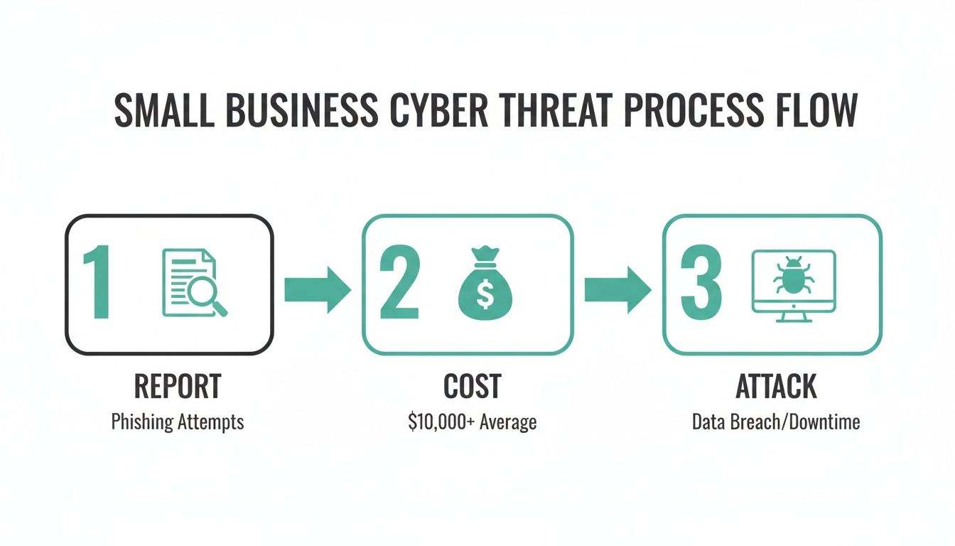 A Guide to Small Business Network Security for Australian SMEs 2 Small business cyber threat process flow illustrating report of phishing attempts, average cost, and data breach attacks.