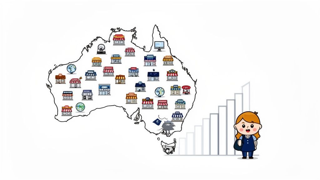 Cartoon map of australia with diverse small business icons and a woman beside a growing bar graph.